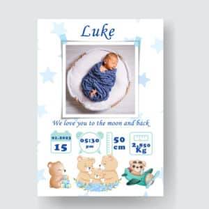 Luke - Personalized Birth Newborn Stats with Photo Digital Poster