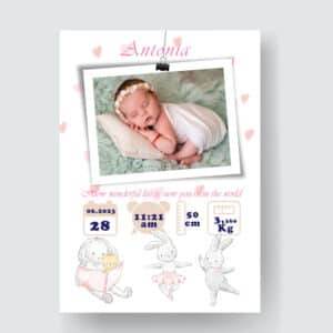 Antonia - Personalized Birth Newborn Stats with Photo Digital Poster